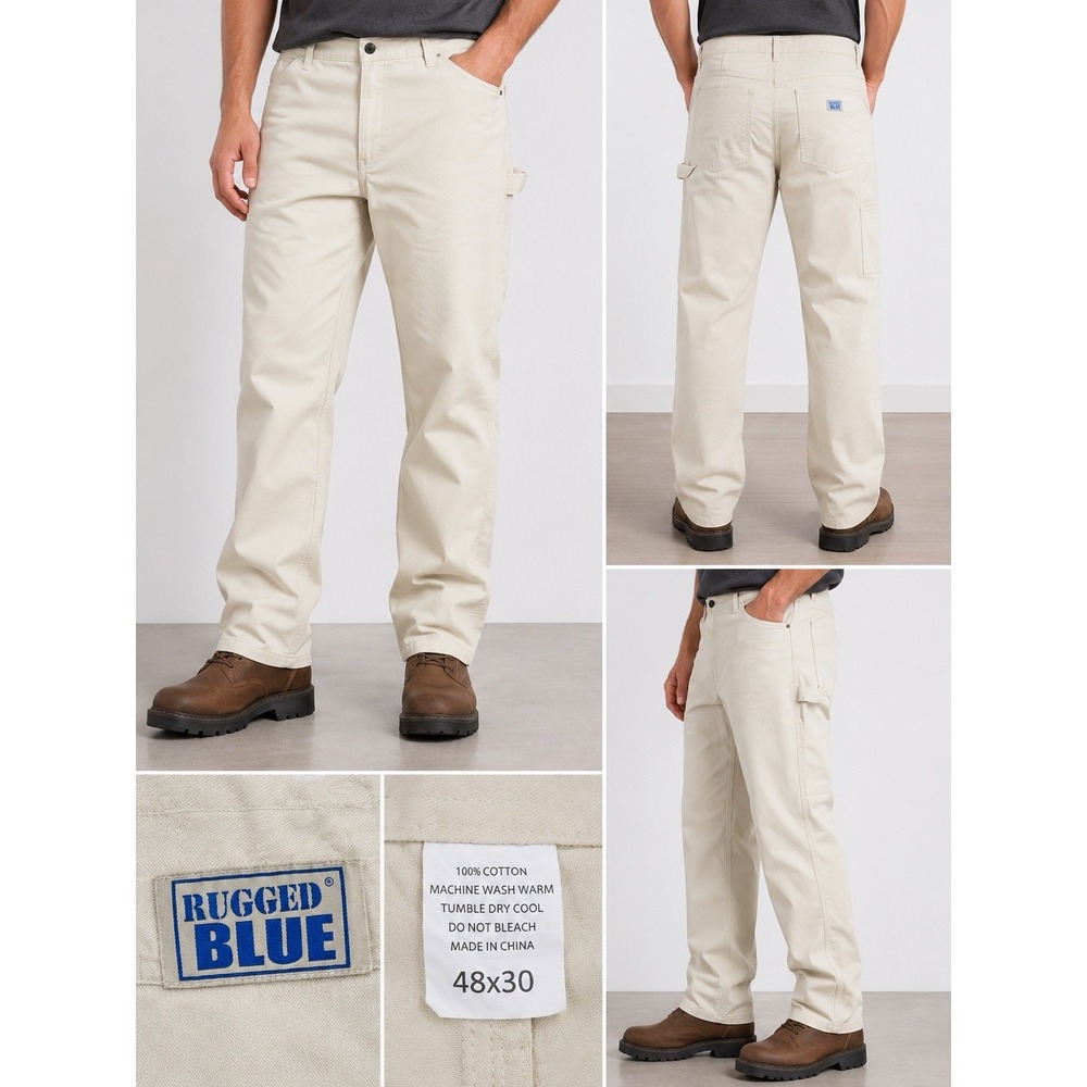 Rugged Blue Men's Carpenter Work Pants Khaki 48x30 100% Cotton Utility Relaxed - Picture 7 of 7
